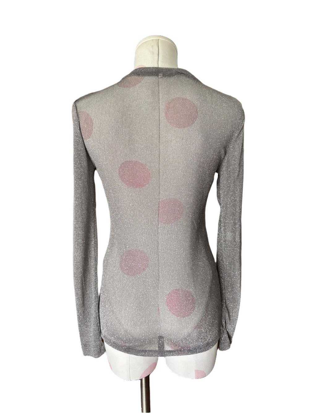 Sheer Metallic Shimmer Top - Silver Lurex Knit - Long Sleeve - small - Picture 3 of 5